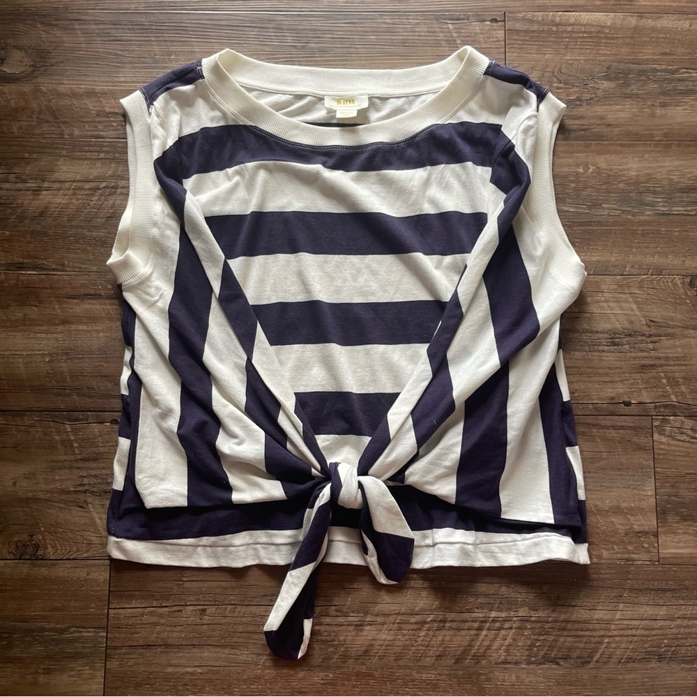 Maeve Boxy Blue and White Muscle Tee with Tie Front